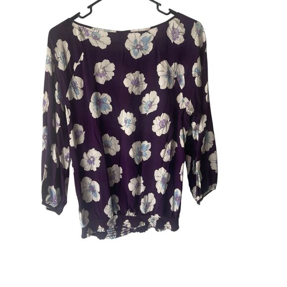 Old Navy Women's Size Medium Purple Hibiscus Floral 3/4 Sleeve Top - Picture 6 of 8